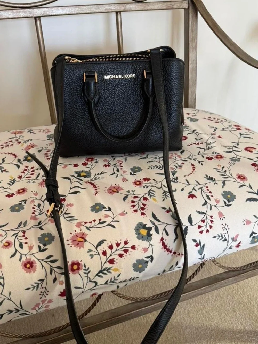 NWT Michael Kors Camille Small Leather Satchel Black Crossbody Gold Hardware
